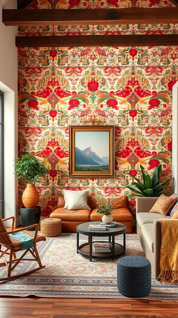 A cozy boho-style living room with bold floral wallpaper in red and green tones.