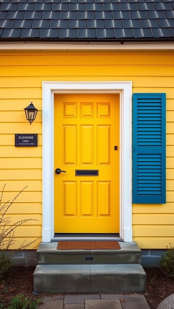 A bright yellow front door with blue shutters and a welcoming entrance.