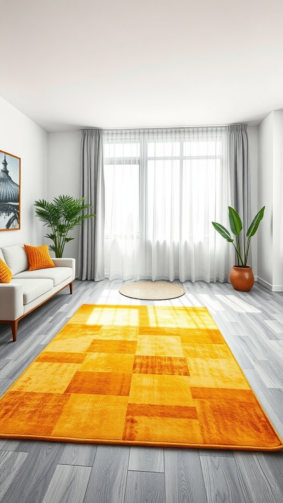 A bright yellow patchwork rug on grey floors in a well-lit living room with minimal furniture and plants.