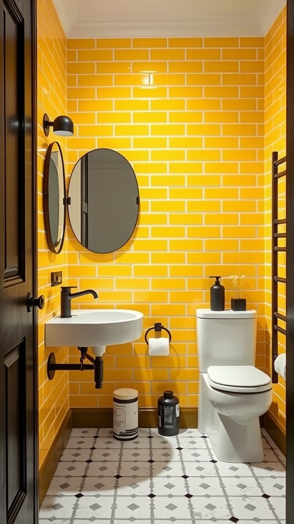 A bathroom featuring bold yellow subway tiles on the walls, a modern sink and toilet, and black fixtures for contrast.