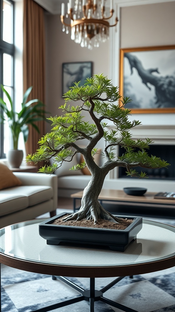 A beautifully shaped bonsai tree displayed on a coffee table in a cozy living room.