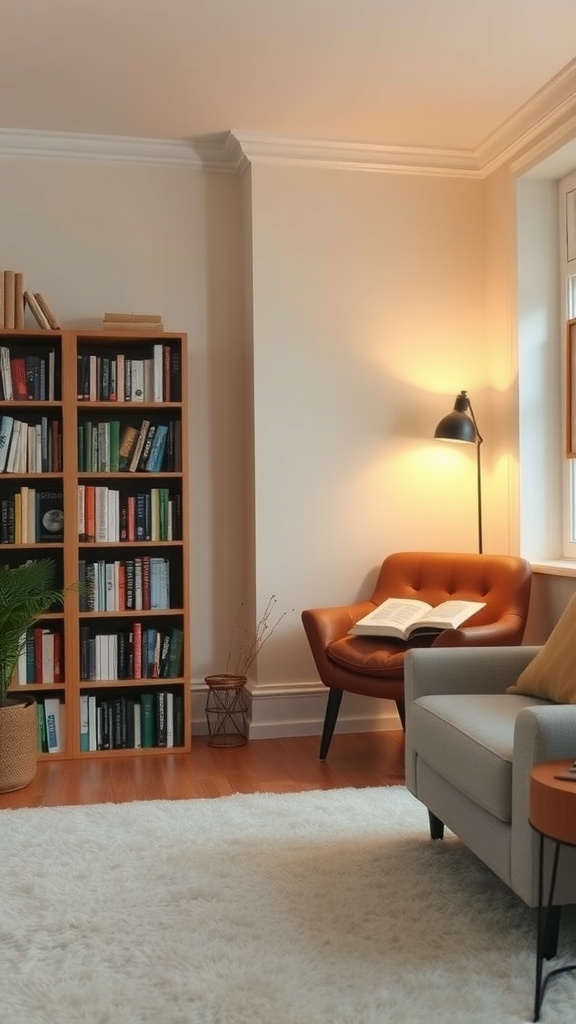 Cozy reading spot featuring a bookshelf, armchair, and warm lighting