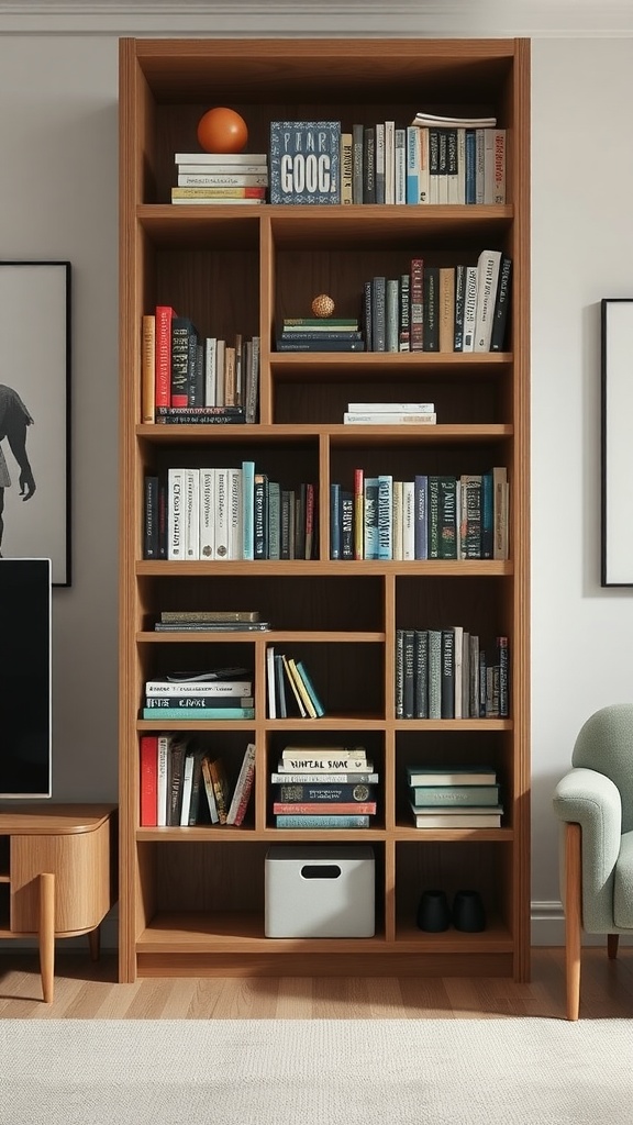 A wooden bookshelf filled with books and decorative items, featuring hidden storage compartments at the bottom.