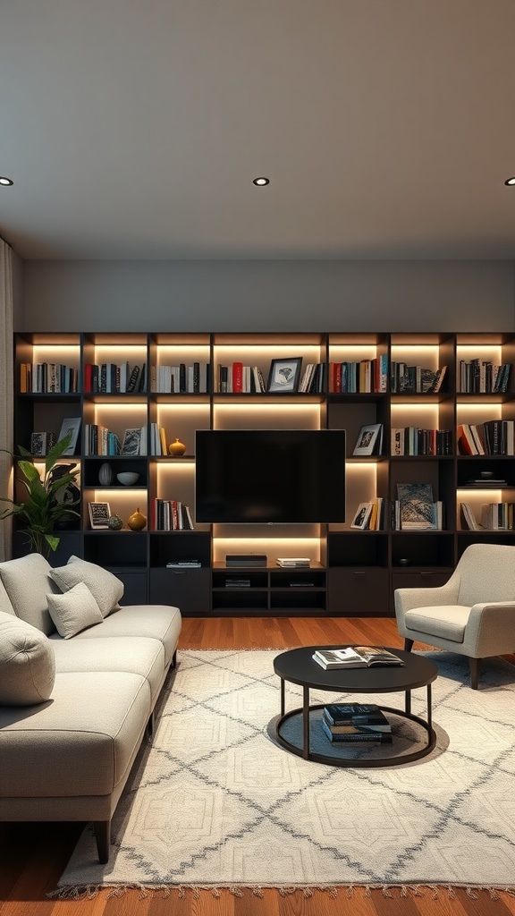 Living room with a stylish bookshelf featuring integrated lighting, showcasing books and decorative items.