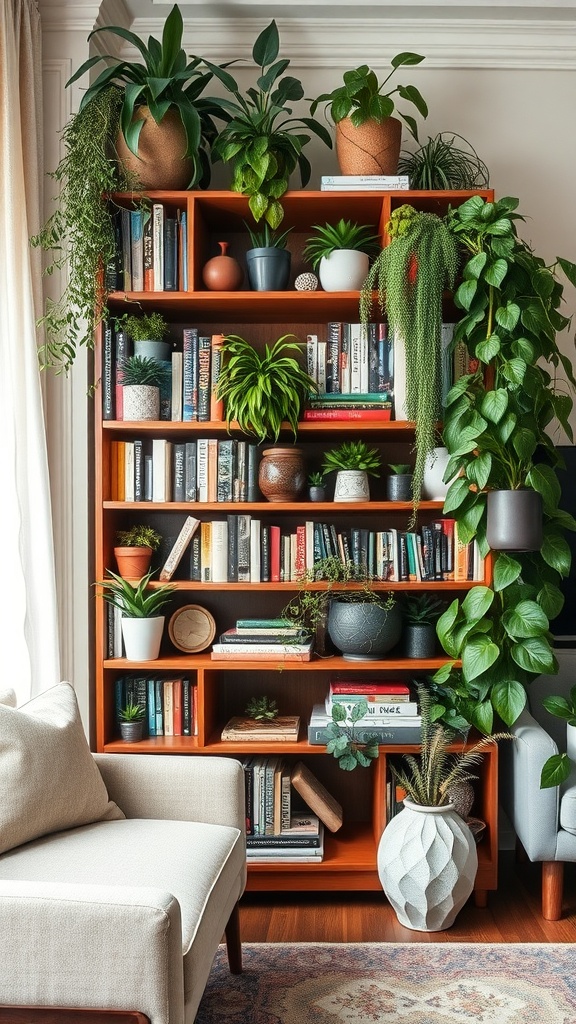 A well-arranged bookshelf featuring a variety of plants and books, creating a fresh and vibrant atmosphere.