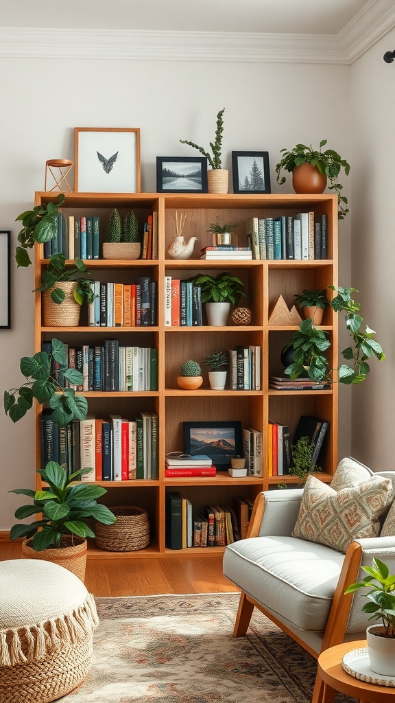 Bookshelves filled with literature and decorative plants in a cozy living room.