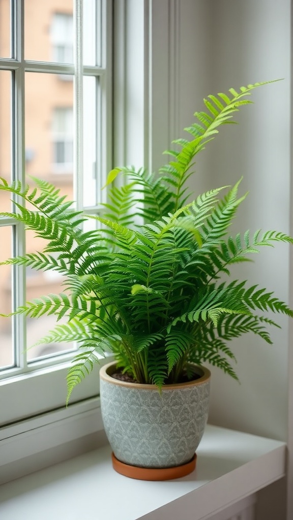 A Boston fern in a decorative pot by a window, showcasing its lush green fronds.