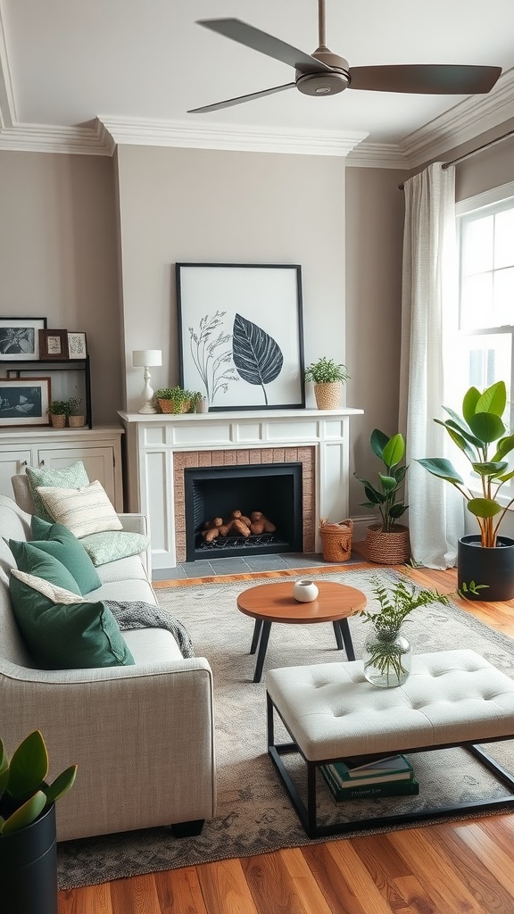 A cozy living room featuring botanical prints, dark green decor, and potted plants.