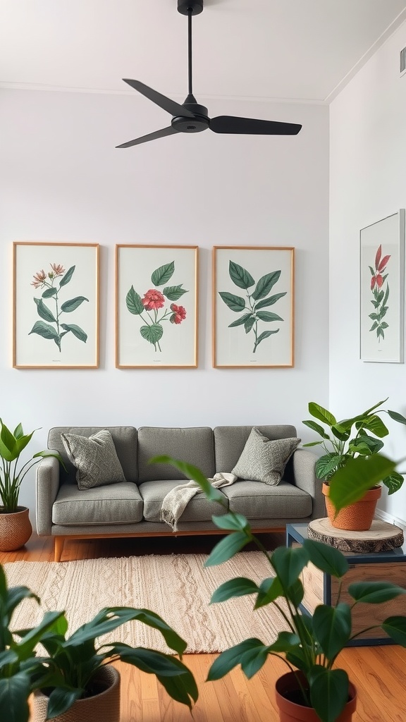 Living room with botanical prints on the wall, green sofa, and various indoor plants.