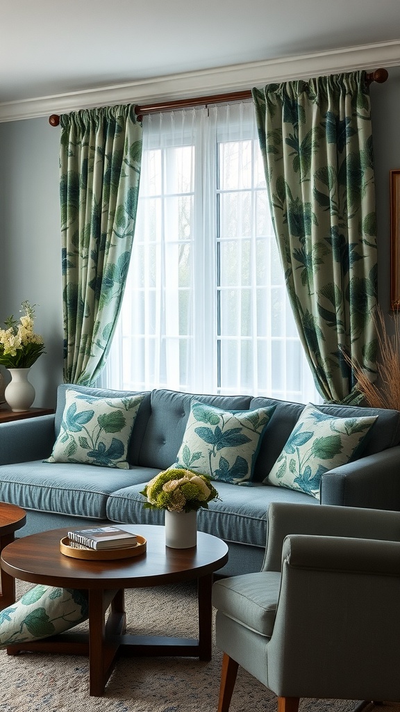 Living room featuring botanical prints in curtains and cushions, with a cozy blue sofa and a wooden coffee table.