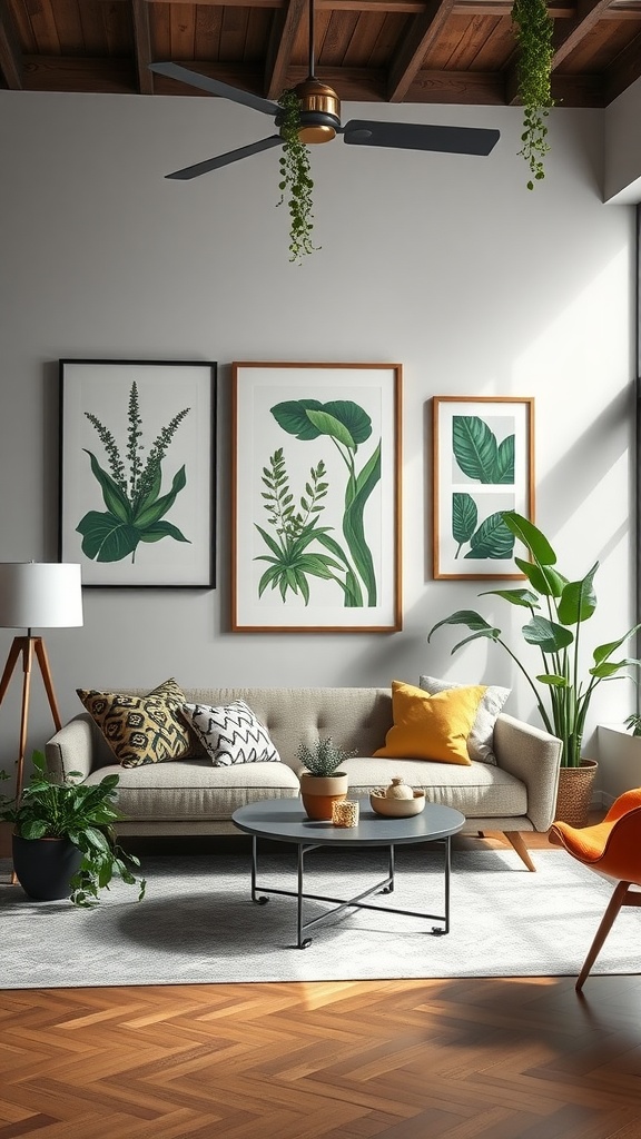 Living room with botanical wall art, featuring framed green plant designs and natural decor.