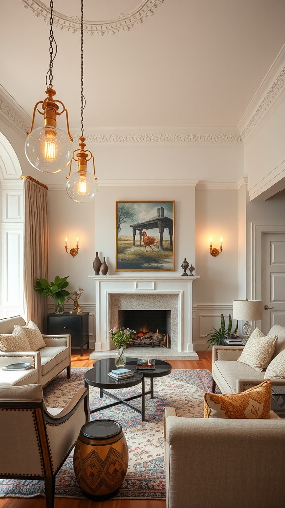 Living room with brass pendant lights and elegant decor