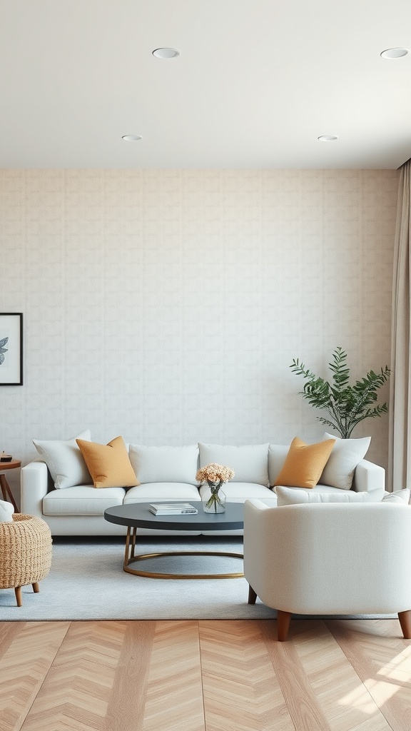 A bright and airy living room featuring linen-textured wallpaper, a white sofa with orange cushions, a round coffee table, and a potted plant.