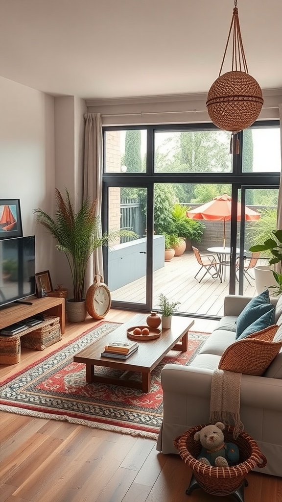 A modern boho living room with an open layout leading to an outdoor patio