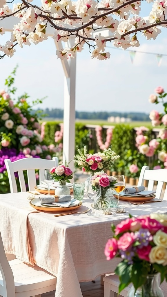 A beautifully set outdoor dining table adorned with floral arrangements, surrounded by greenery.