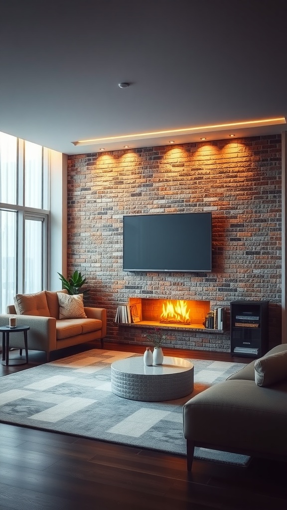 Living room featuring a brick accent wall with accent lighting, a cozy fireplace, and comfortable seating.