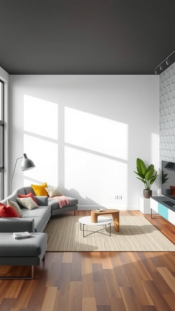 A modern boho living room featuring a gray sectional sofa with colorful pillows, a bright white accent wall, and a dark ceiling.