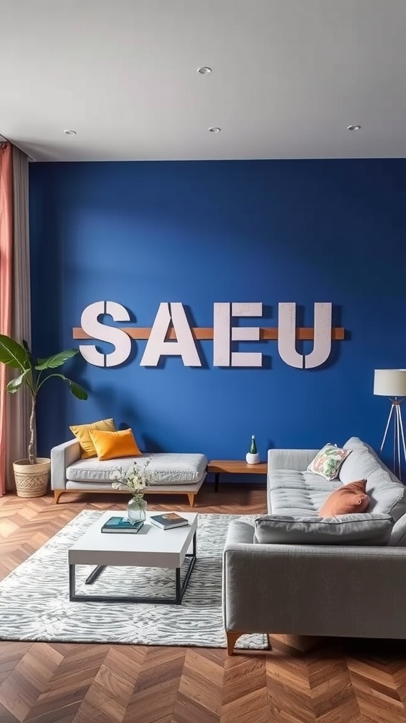 Living room with a blue accent wall and large decorative letters, featuring grey sofas and colorful pillows.