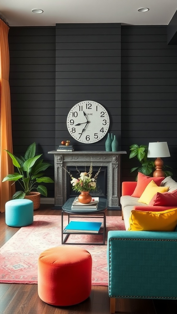 A living room with black shiplap walls featuring bright accent colors in furniture and decor.