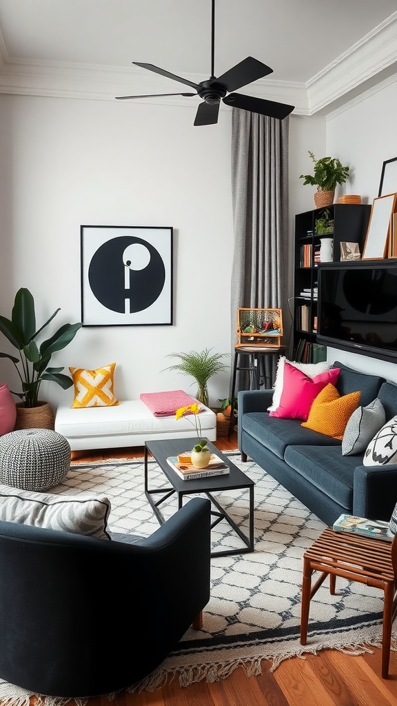 A boho living room featuring bright colored accents and accessories against a black and white backdrop.