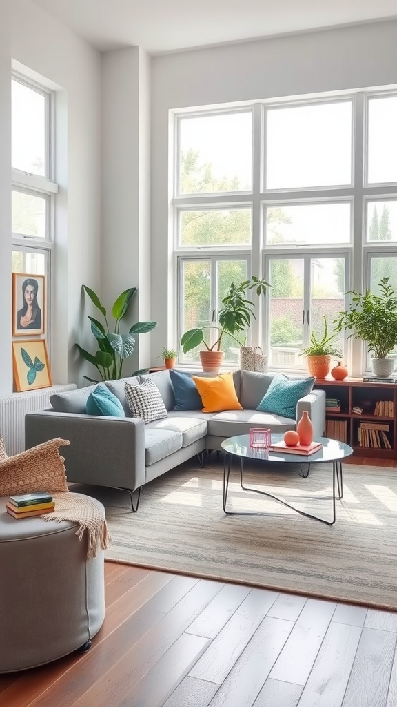 Bright living room featuring a grey couch, colorful cushions, large windows, and plants.