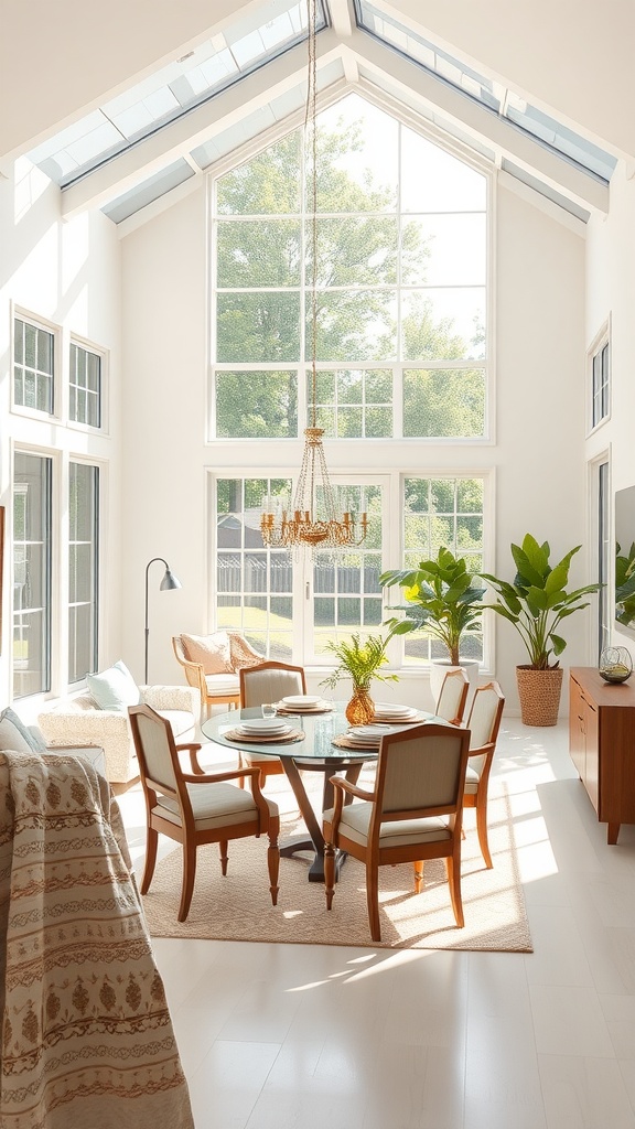 Bright and airy living room dining room with large windows, plants, and cozy furniture.