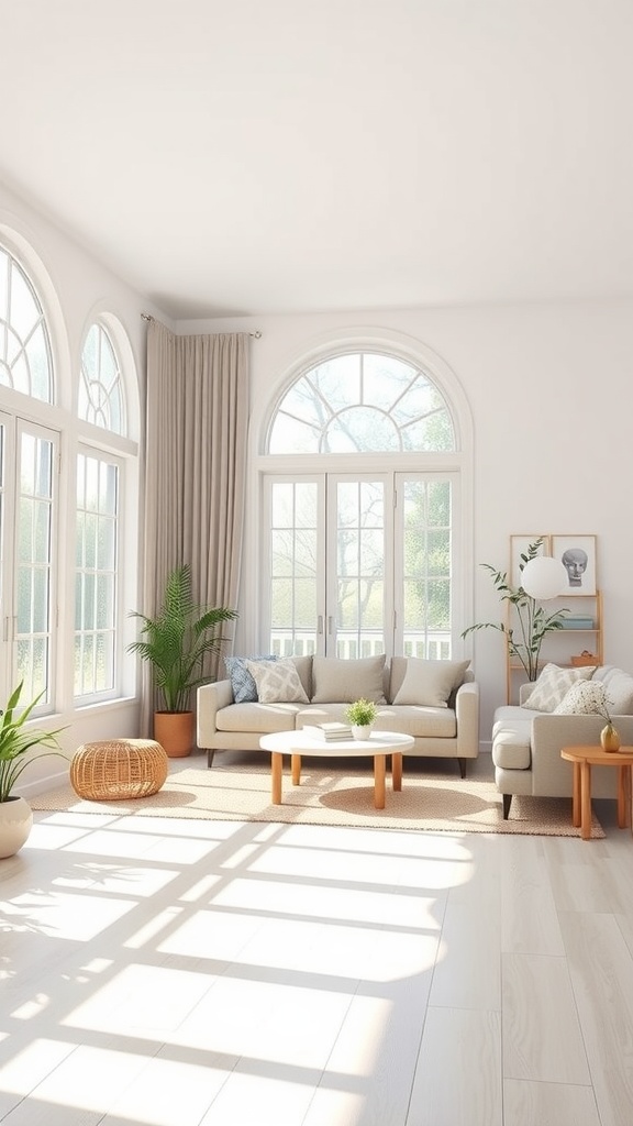 A bright and airy living room with large windows, light wood floors, and minimal decor.