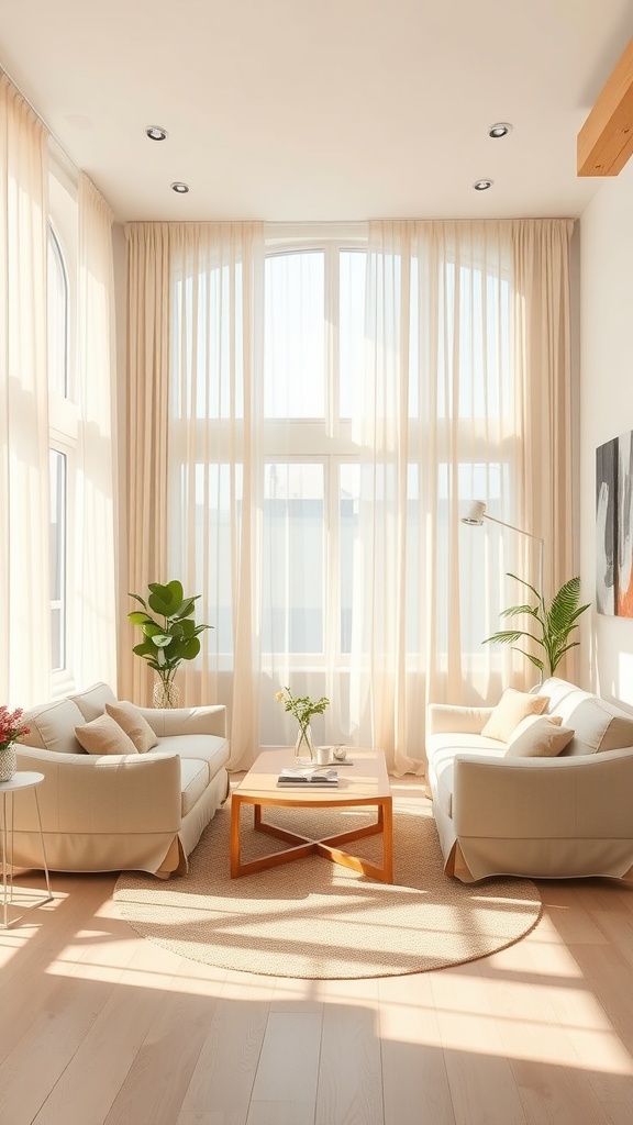 Bright and airy beige living room with large windows and soft furnishings