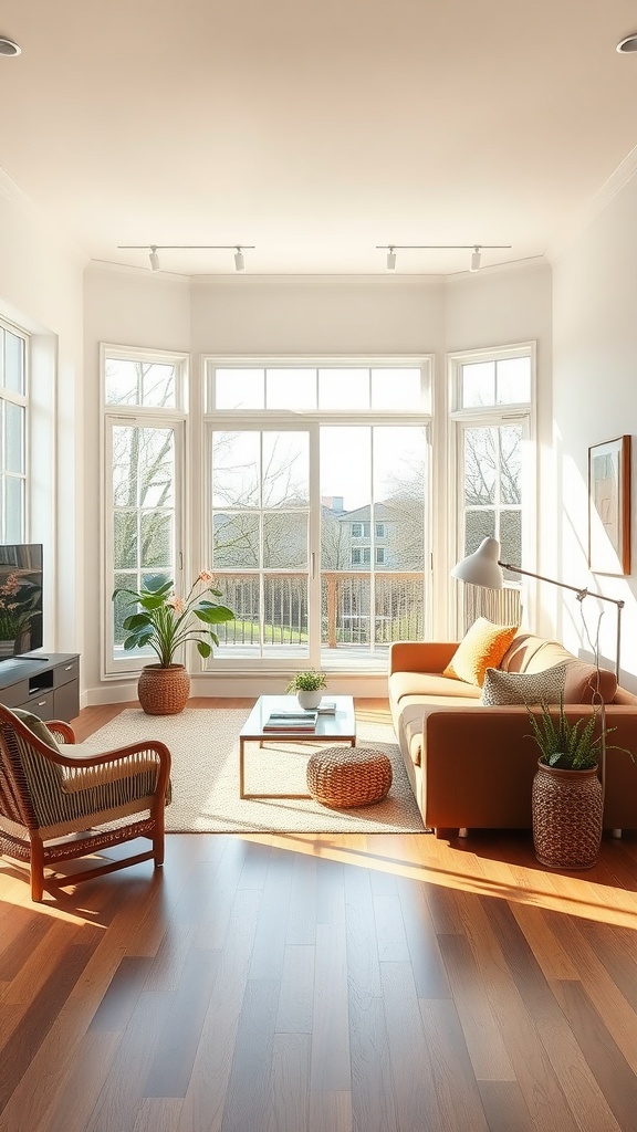 Bright living room with large windows, brown furniture, and indoor plants