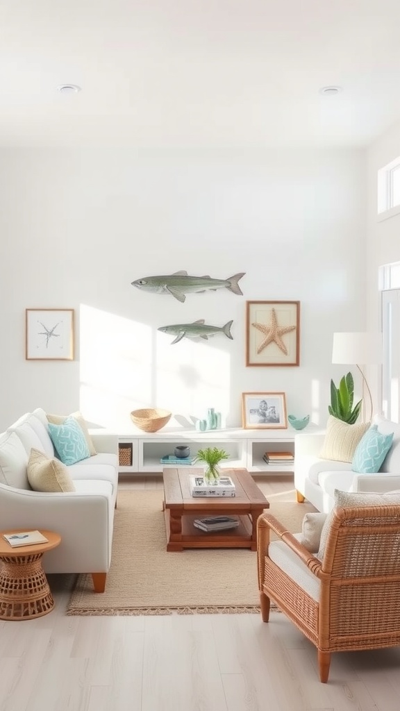 Bright and airy coastal living room with white walls, light furniture, and marine-themed decor.