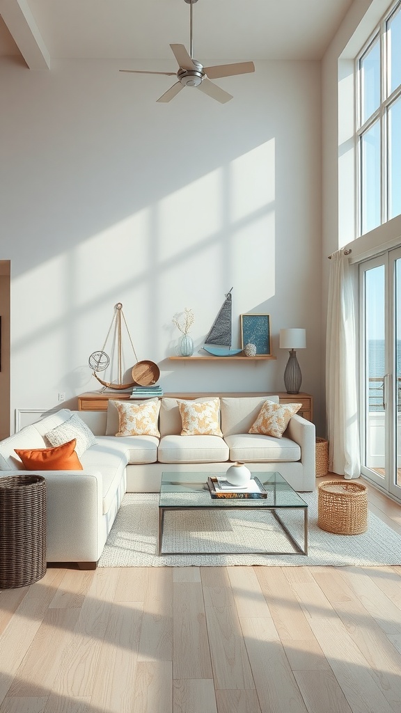 Bright living room with cream couch, large windows, and coastal decor.