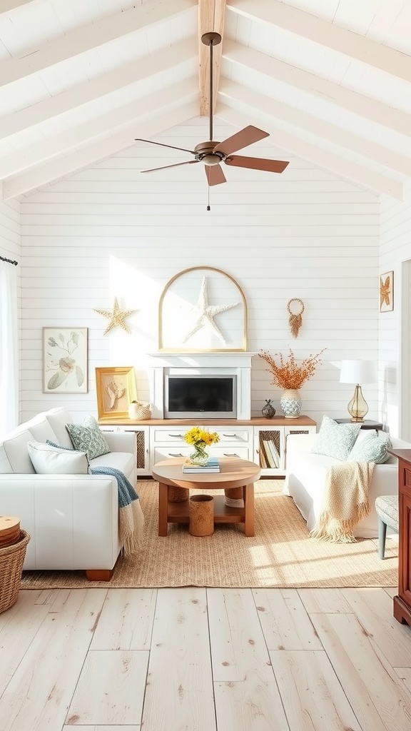 A bright coastal living room with white furniture, wooden beams, and seaside decor.