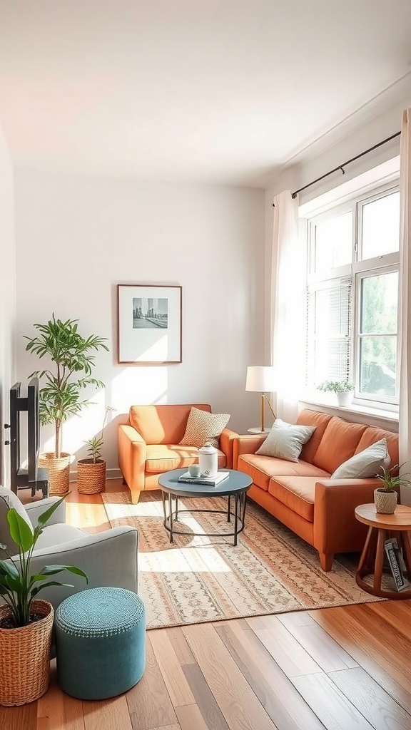 A bright and airy small living room featuring orange sofas, a blue ottoman, and plants.