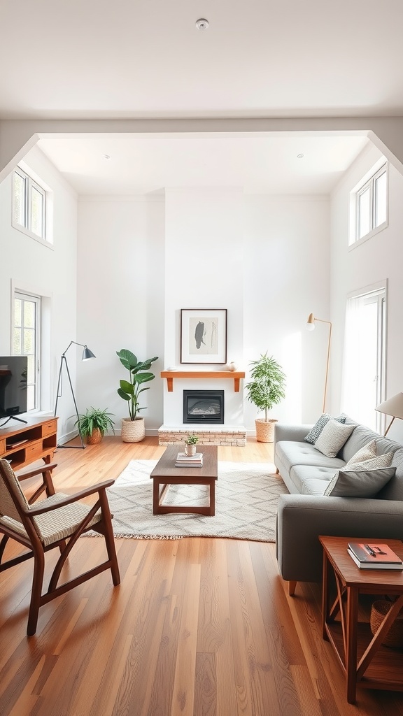 Bright and airy living room with white walls, wooden furniture, and plants.