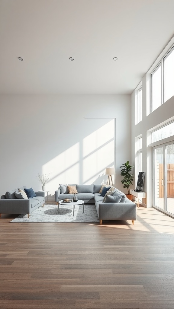 Bright and airy living room with grey sectional sofa, large windows, and light wood flooring.