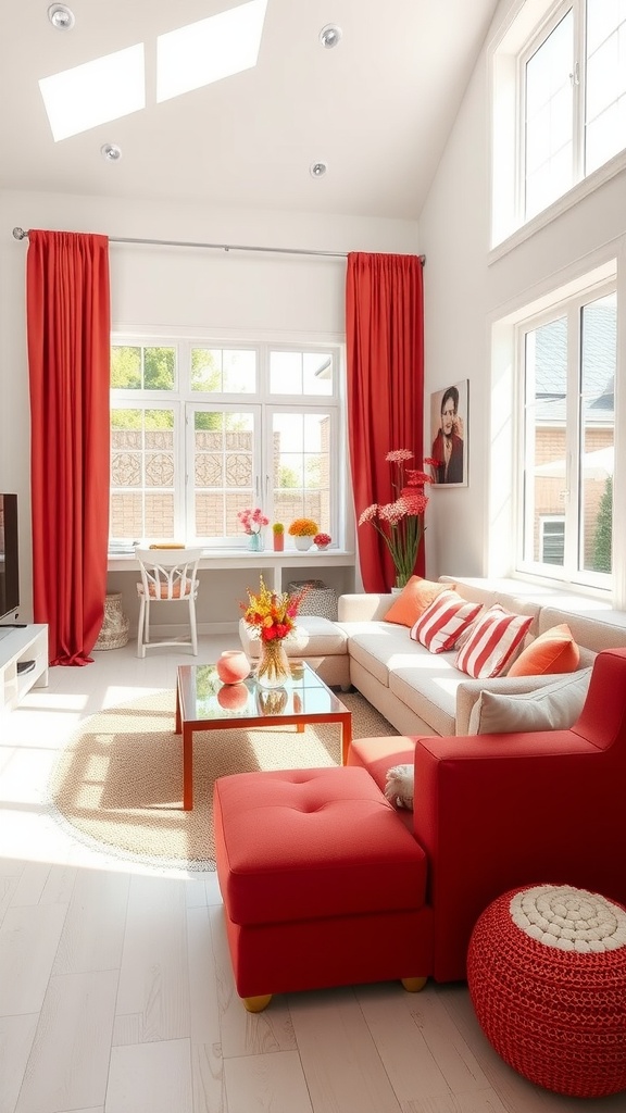 Bright and airy living room decorated in red and white, featuring large windows, a white sofa with red cushions, and a vibrant red ottoman.