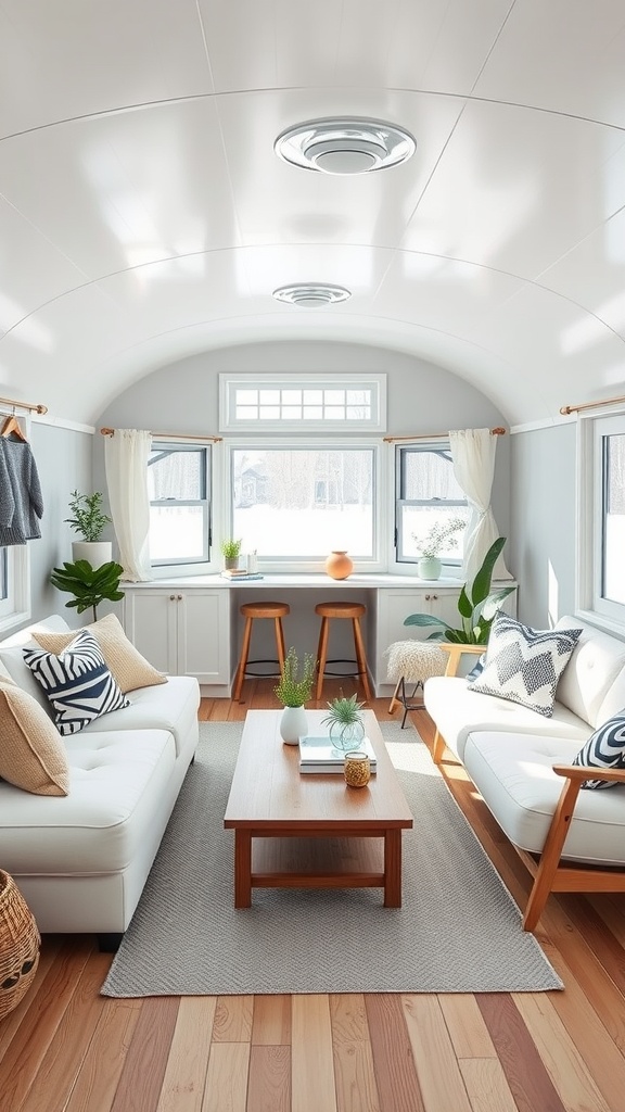 A bright Scandinavian style living room in a trailer house with light wood flooring, white walls, and comfortable furniture.