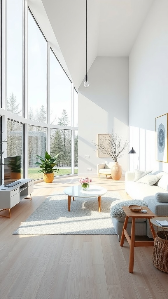 Bright and airy Scandinavian living room with large windows, soft furniture, and plants.