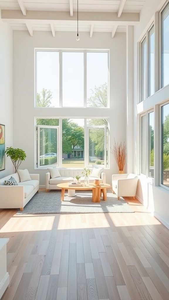 A bright and airy living room with large windows, minimalist furniture, and light wood flooring.