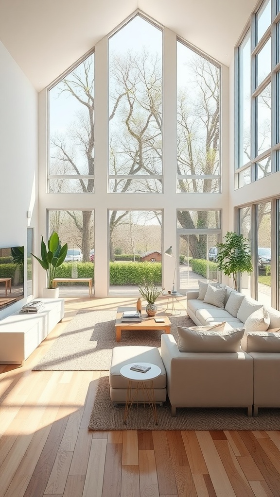 Bright and airy living room with large windows, light furniture, and greenery.