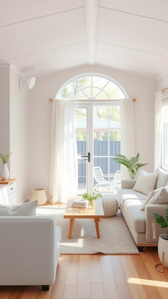 A bright and airy mobile home living room with large windows, light-colored furnishings, and a cozy atmosphere.