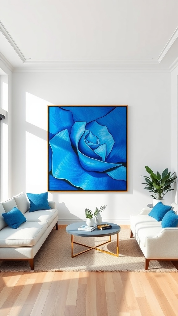 Living room with white walls, blue rose artwork, and light-colored furniture