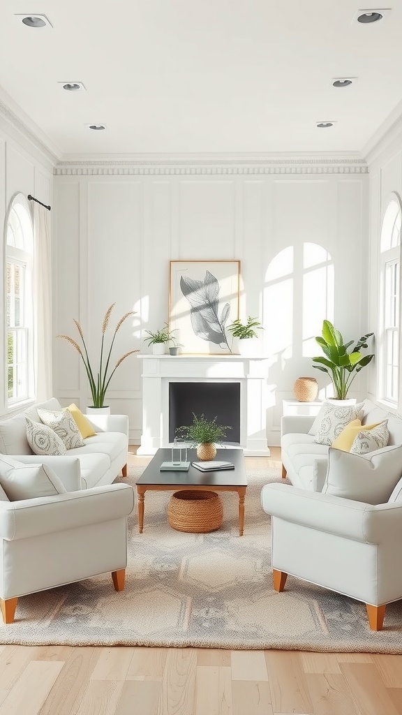 Bright living room with white furniture, pastel accents, and plants.