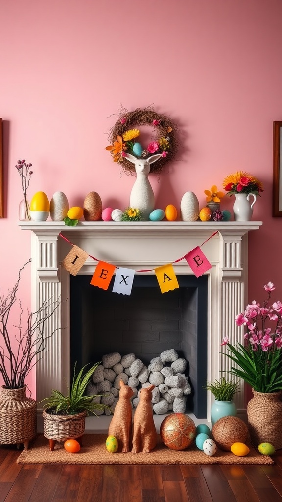 Colorful Easter mantel with eggs, flowers, and bunny figures