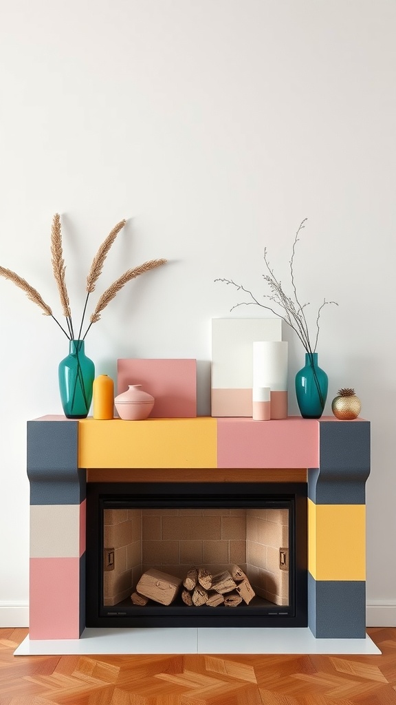 A vibrant summer mantel decorated with color blocks in pink, yellow, and gray, featuring vases and natural elements.