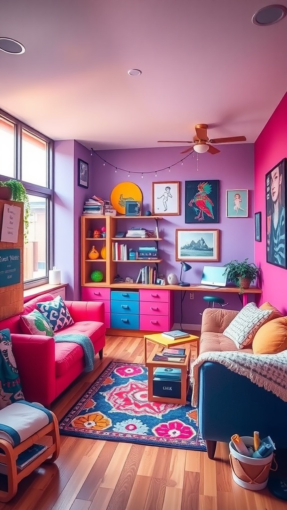 A vibrant dorm living room with bright pink and purple walls, colorful furniture, and eclectic artwork.