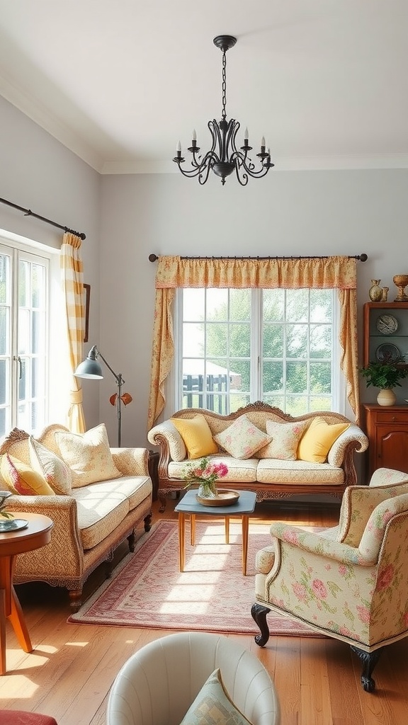 A bright living room with floral-patterned sofas, cheerful yellow accents, and natural light.