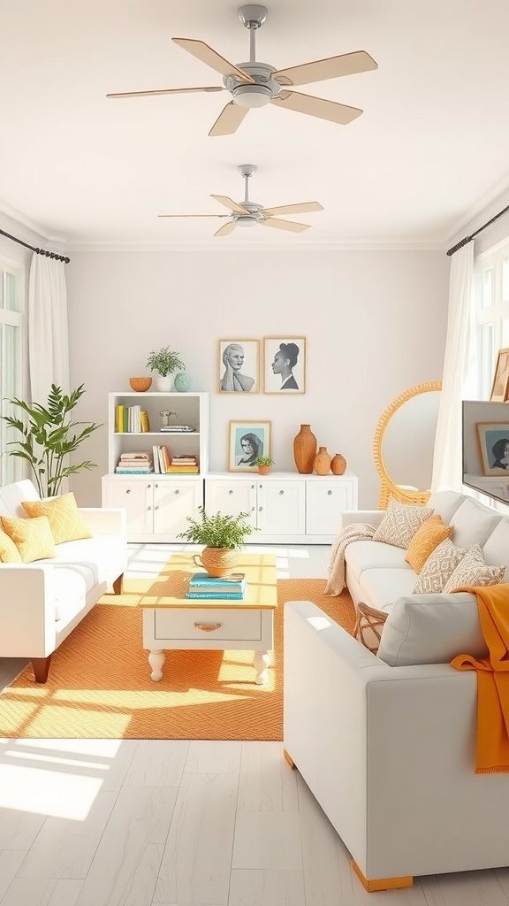 Bright and cheerful living room with white furniture and orange accents