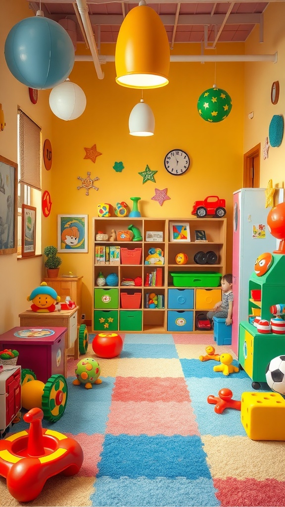 A bright and colorful play area filled with toys, vibrant decor, and a cozy carpet.