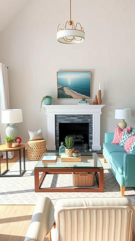 A bright coastal living room featuring a turquoise sofa, pastel pillows, and a cozy decor.